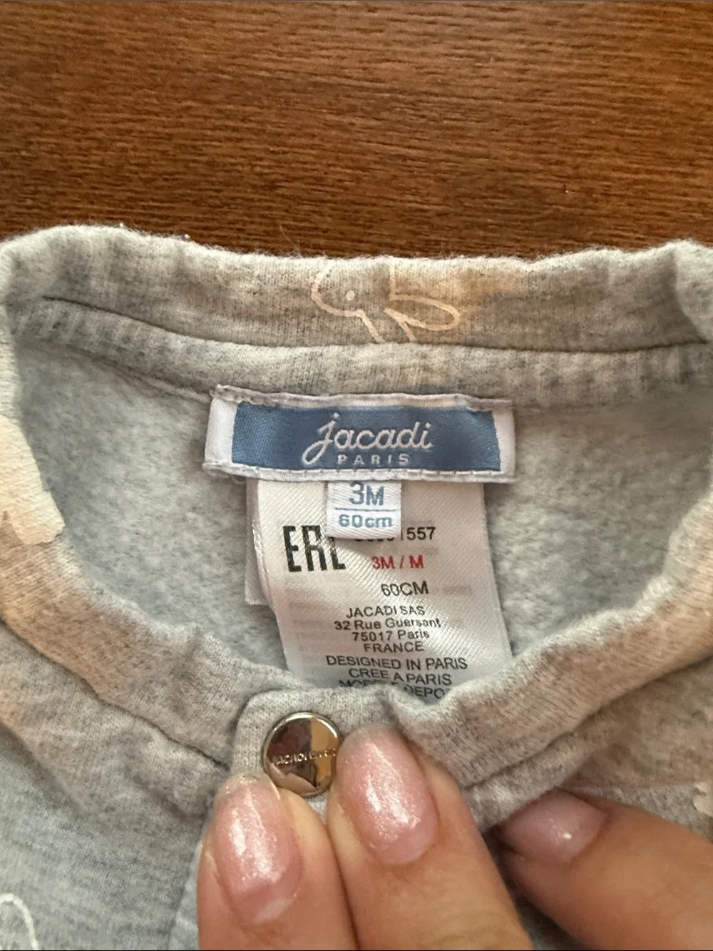 Jacadi Light Gray Baby Jumpsuit with Subtle White Animal Motif - Picture 2 of 3